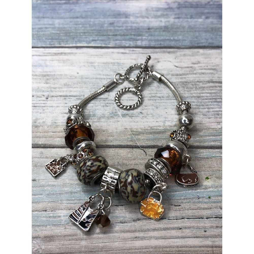 Fashion Bead Charm Bracelet bags‎ Purse Rhinestones Silver Tone Snake Chain 8.5"